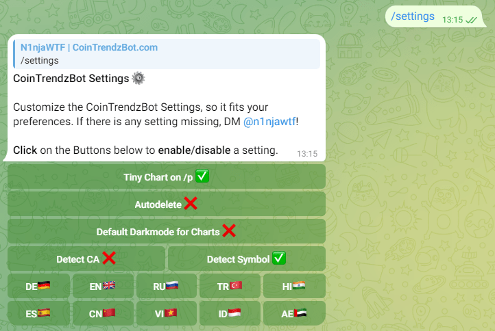 CoinTrendzBot Settings Telegram