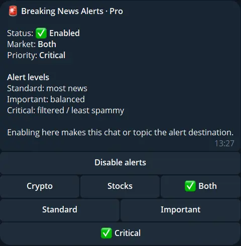 CoinTrendzBot real-time market news alert settings for crypto and stocks
