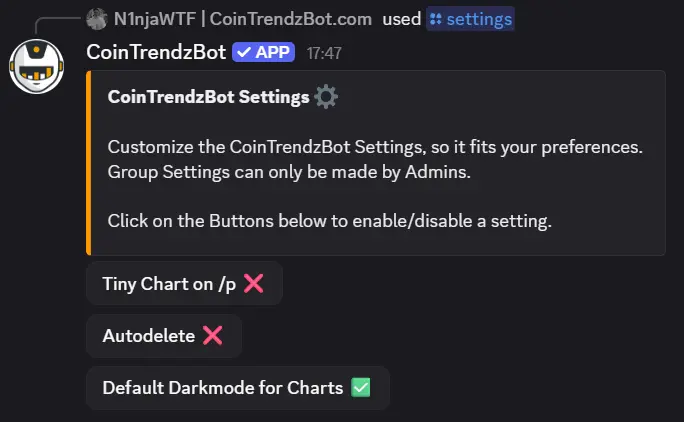 CoinTrendzBot Settings Discord
