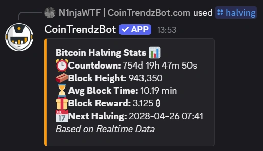 Discord bot reply showing Bitcoin halving countdown, BTC block progress, and projected halving date