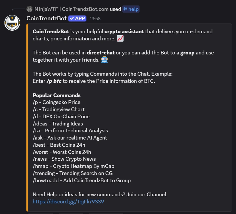 Discord help command displaying CoinTrendzBot commands and features in chat