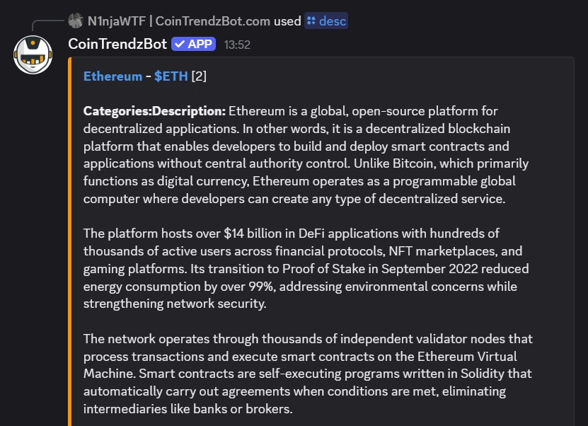 Discord crypto fundamentals bot showing token metrics and project details in a server