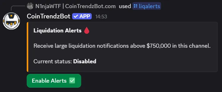 Crypto Liquidation Alerts command shown in Discord