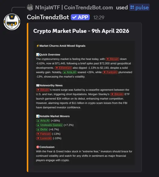 Discord crypto market pulse bot showing AI-powered crypto market recap