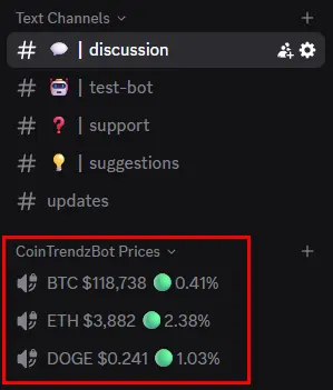 Discord crypto price channels bot showing live crypto prices as voice channel names