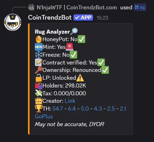 Crypto Rug Checker command shown in Discord