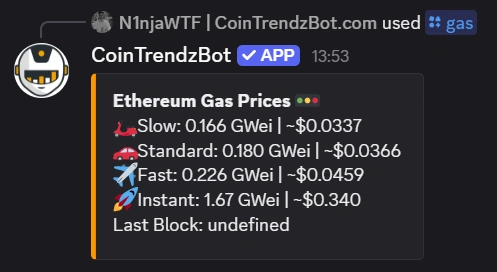 Discord Ethereum gas fees bot returning live gas price data in chat