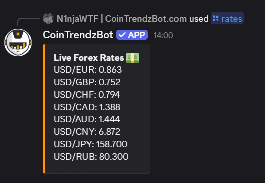 Discord forex bot showing live currency exchange rate data directly in chat