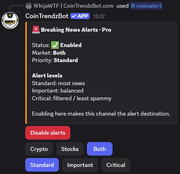 Real-time crypto and stock market news alert settings in Discord