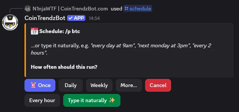 Scheduled Crypto Commands command shown in Discord