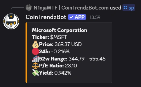 Discord stock price bot example showing live stock market data in chat