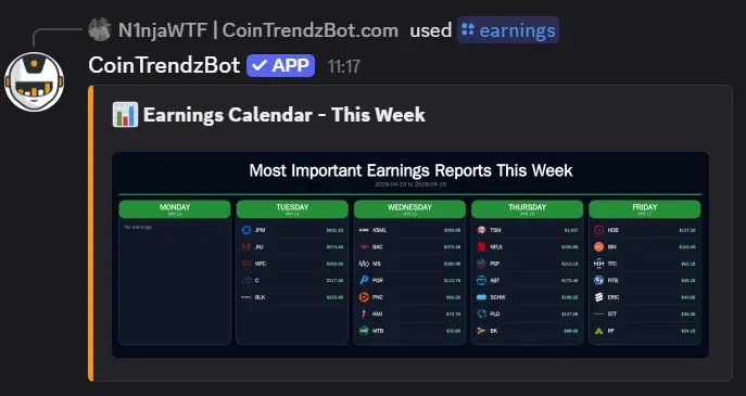 Stocks earnings calendar bot example on Discord