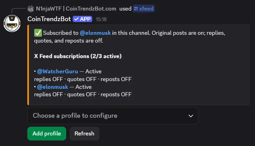 X Twitter feed post delivered by CoinTrendzBot in Discord