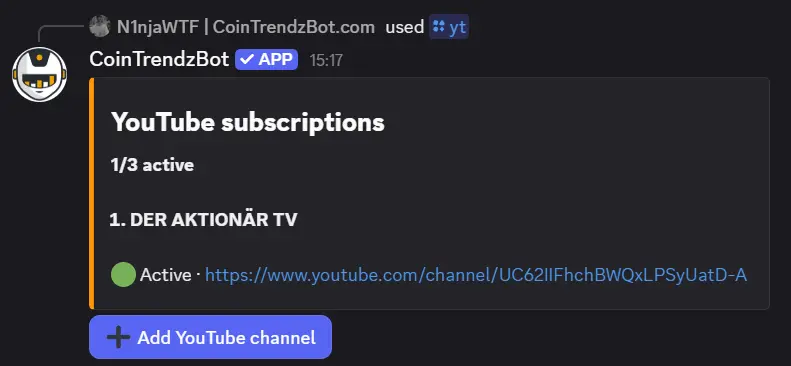 YouTube upload alert posted by CoinTrendzBot in Discord