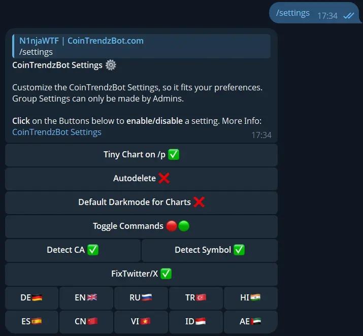 CoinTrendzBot Settings Telegram