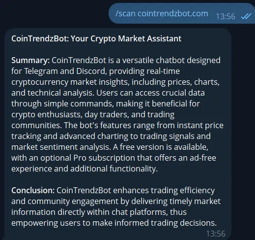 Telegram AI website summary bot showing scanned website summary in chat