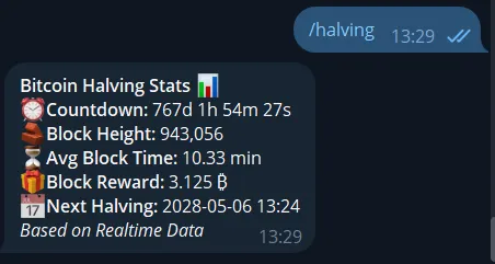 Telegram Bitcoin halving countdown bot showing BTC halving timer and block progress