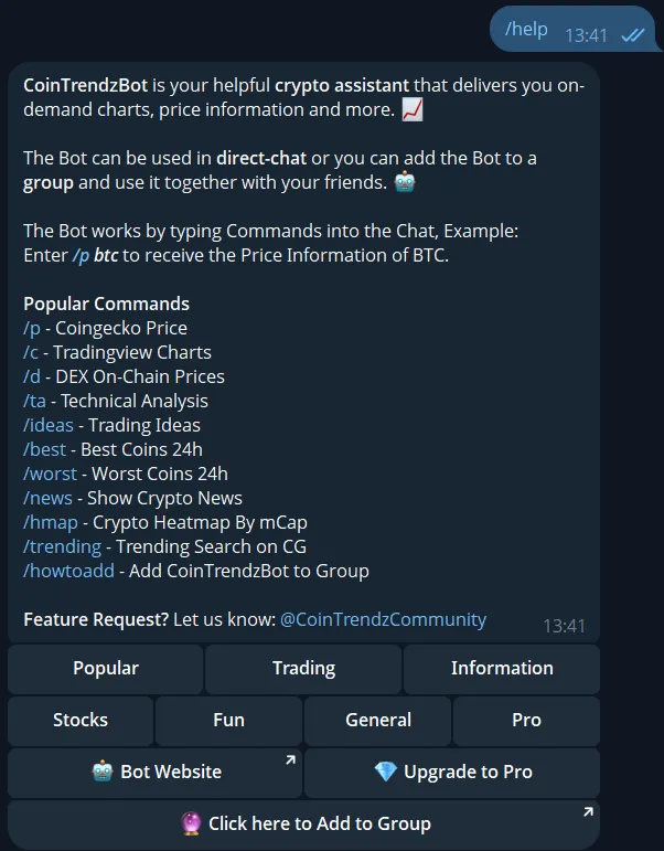 Telegram bot help command showing list of available CoinTrendzBot commands