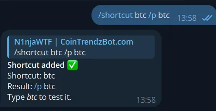Telegram command shortcuts bot showing shortcut creation message inside chat