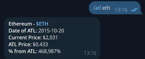 Telegram crypto all-time low bot showing ATL data in chat