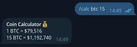 Crypto Value Calculator command shown in Telegram