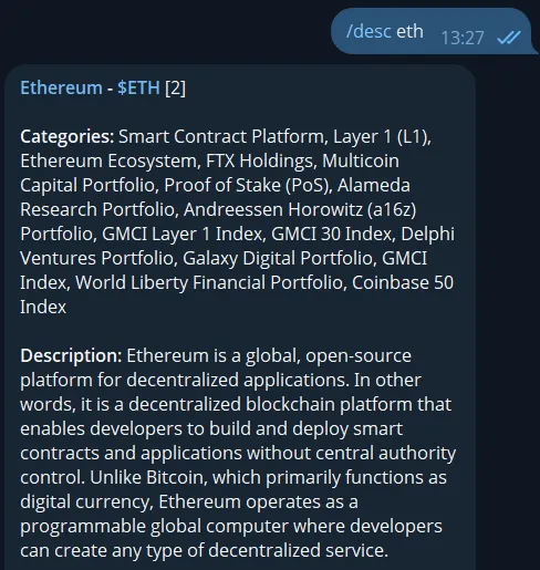 Telegram crypto fundamentals bot example showing token metrics and project details