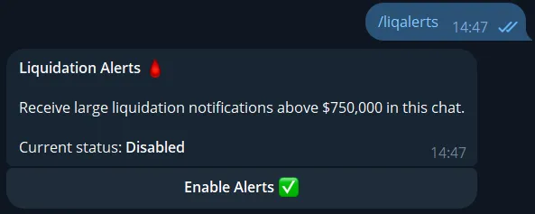 Crypto Liquidation Alerts command shown in Telegram