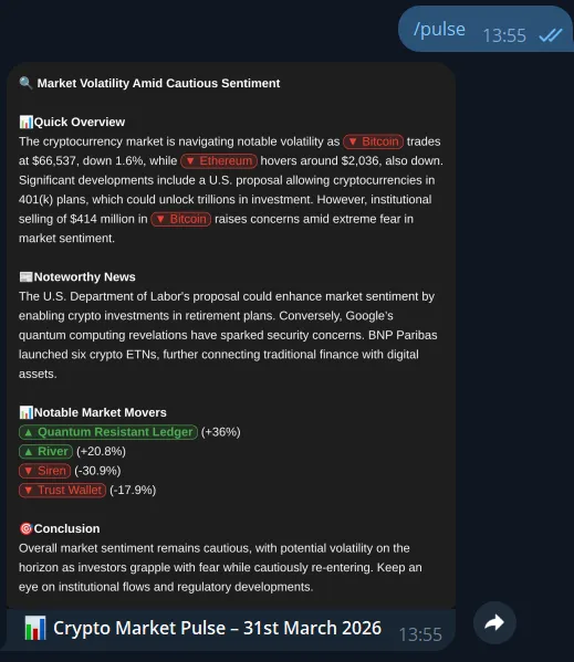 Telegram crypto market pulse bot showing AI-generated crypto market recap