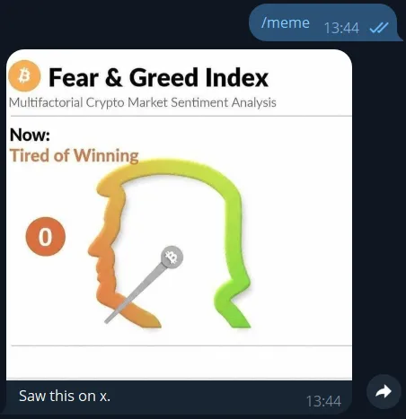 Telegram crypto memes bot example showing a random crypto meme in chat
