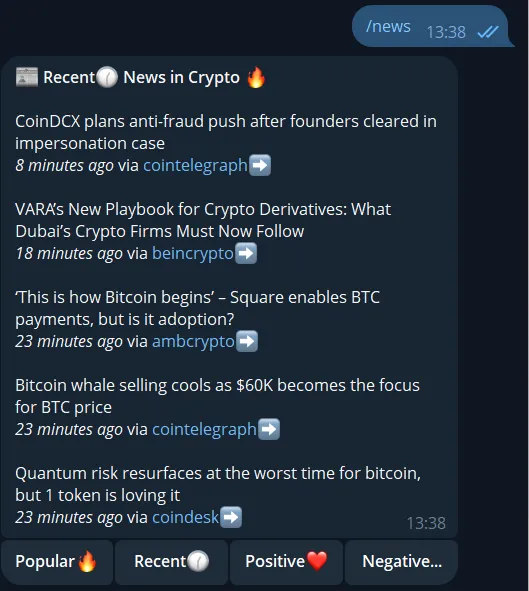 Crypto market news bot example on Telegram