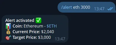 Telegram crypto price alerts bot showing alert trigger message with chart