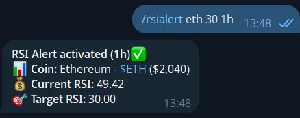 Telegram crypto RSI alerts bot showing RSI alert notification in chat