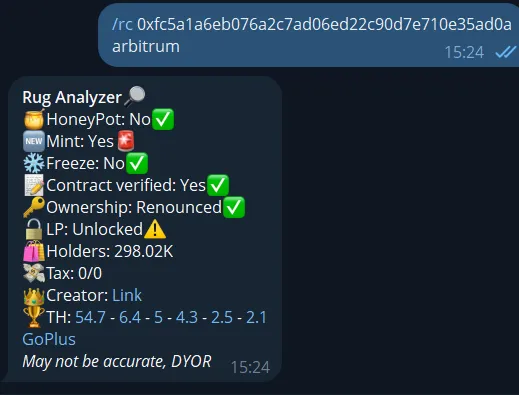 Crypto Rug Checker command shown in Telegram