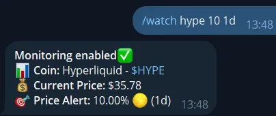 Telegram crypto watchlist bot showing tracked coins and market overview