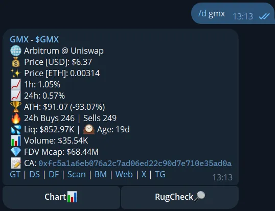 Telegram DEX crypto price bot showing token price and liquidity data