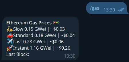 Telegram ETH gas fees bot showing Ethereum gas price data in chat