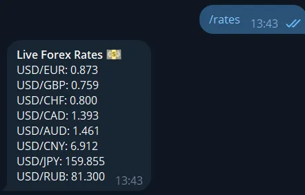 Telegram forex rates bot example showing live currency exchange rate data in chat