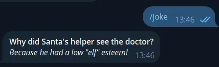 Telegram fun jokes bot example showing a random joke in chat