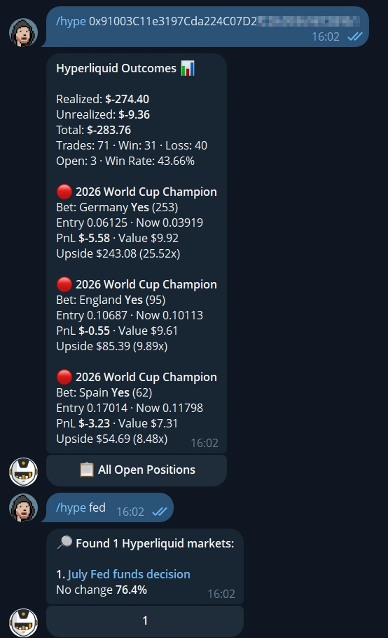 Hyperliquid Outcomes Stats bot example on Telegram