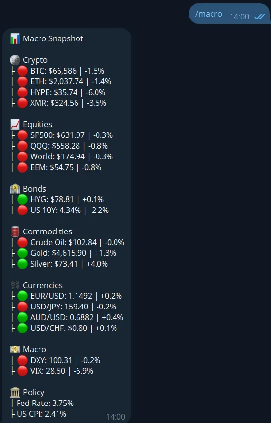 Telegram macro markets bot example showing a live macro market snapshot in chat