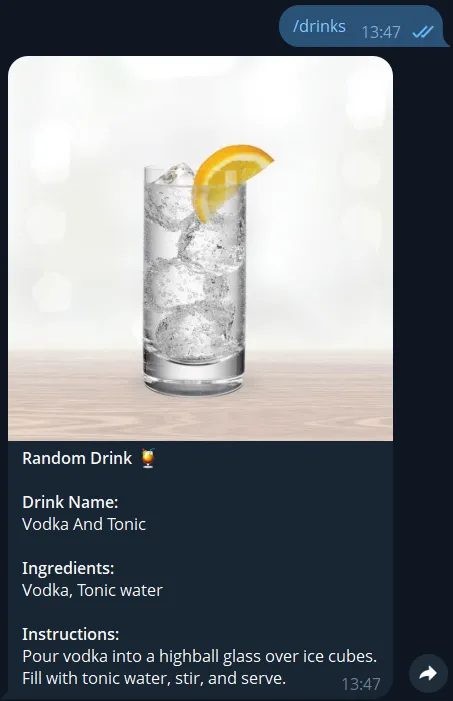 Random drink generator example on Telegram
