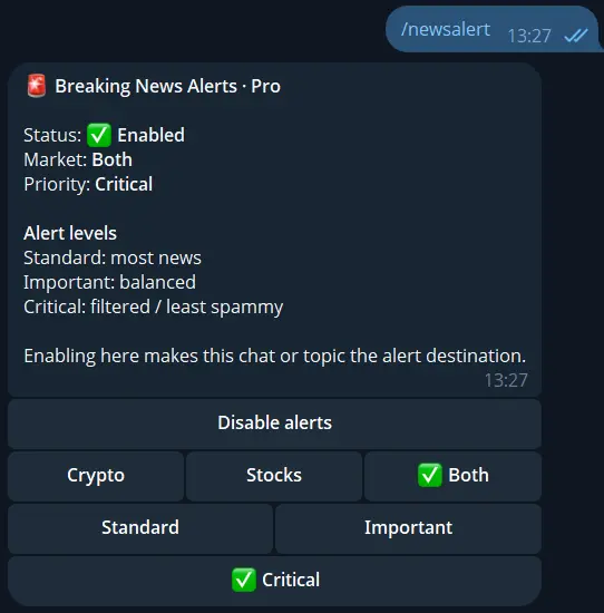 Real-time crypto and stock market news alert settings in Telegram