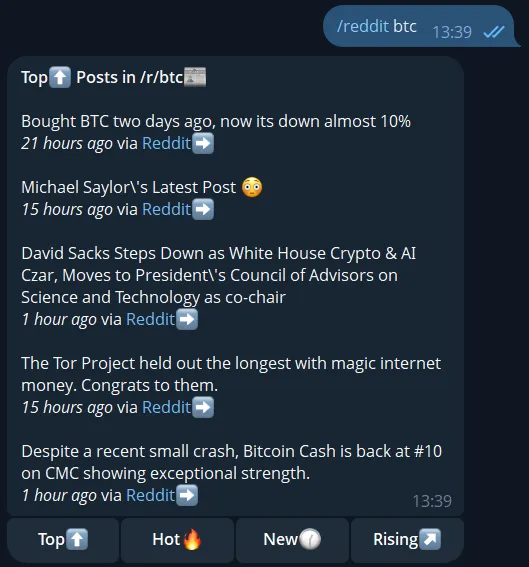 Telegram Reddit bot showing trending subreddit posts in chat