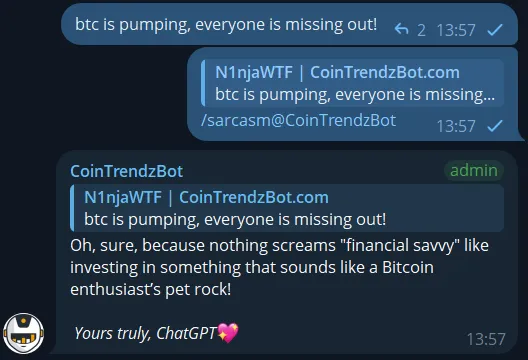 Telegram sarcasm jokes bot showing a witty sarcastic AI reply in chat