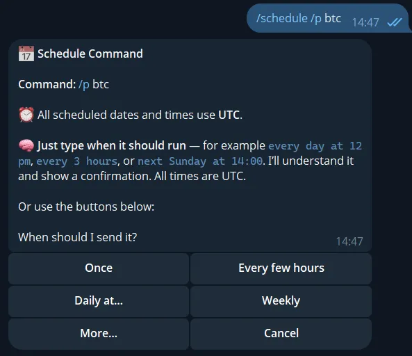 Scheduled Crypto Commands command shown in Telegram