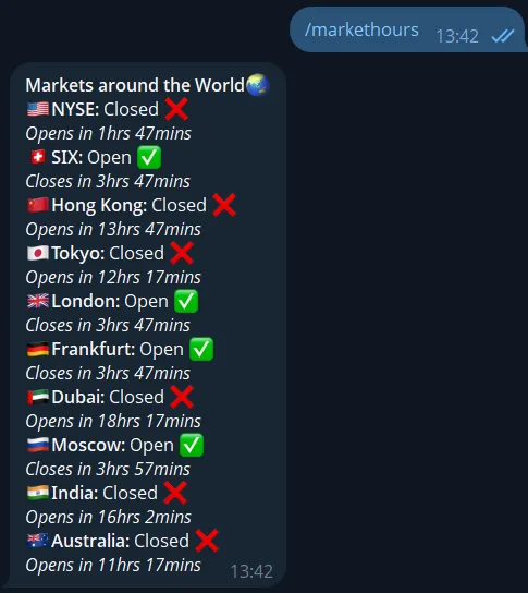 Telegram stock market hours bot example showing market open and close times in chat