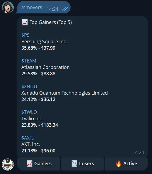 Telegram stock movers screener bot showing top gainers inside chat