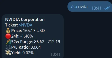 Telegram stock price bot example showing live stock market data in chat