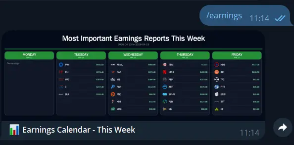 Telegram earnings calendar bot showing weekly stock earnings inside chat