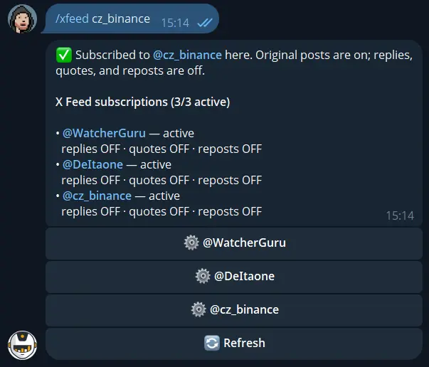 X Twitter post alert delivered by CoinTrendzBot in Telegram